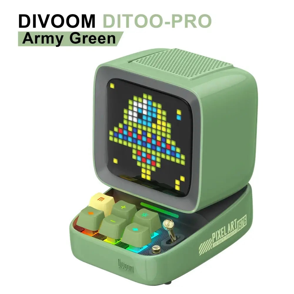 Army green divoom ditoo pro pixel art bluetooth speaker with led display board and rainbow-colored keys for bedroom use