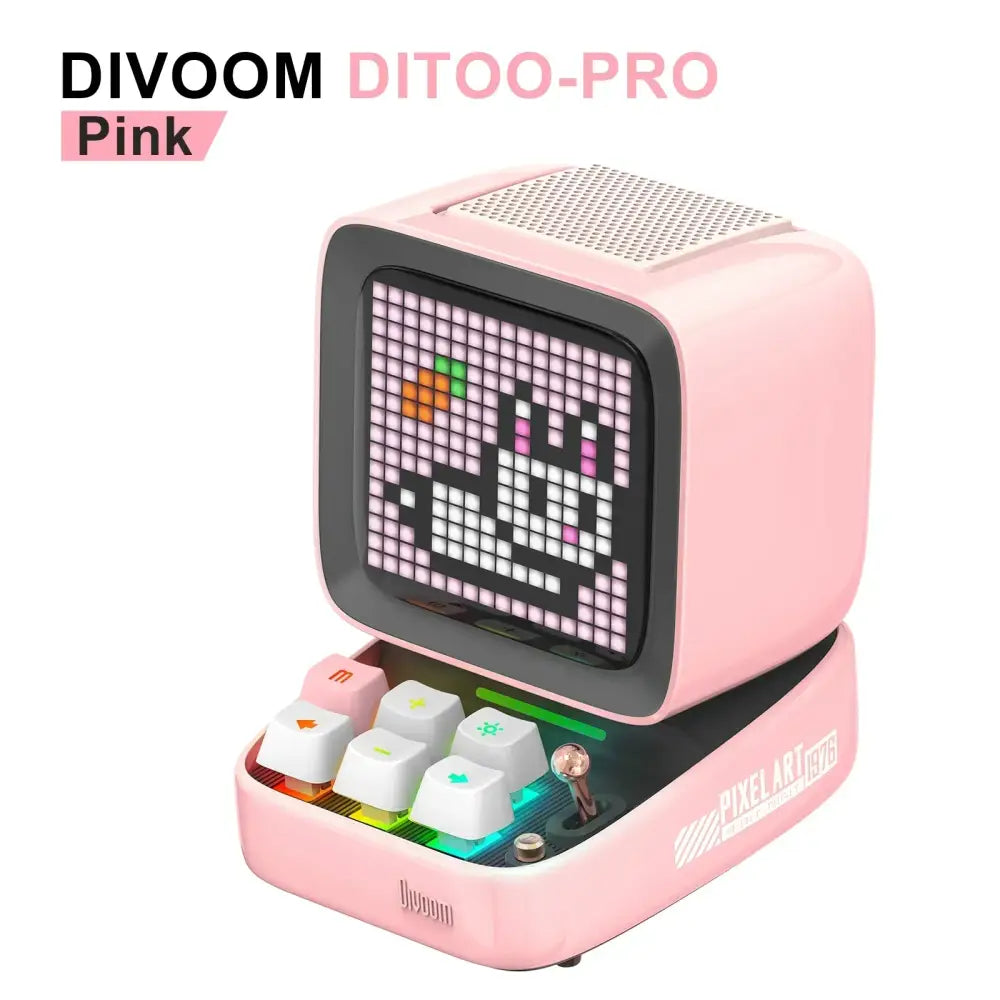 Pink divoom ditoo-pro retro pixel art bluetooth speaker with led display board and rainbow-lit keyboard keys for bedroom use