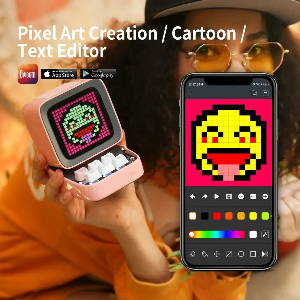 Pink dovoom retro pixel art bluetooth speaker led display board with square screen and white keys inside open case