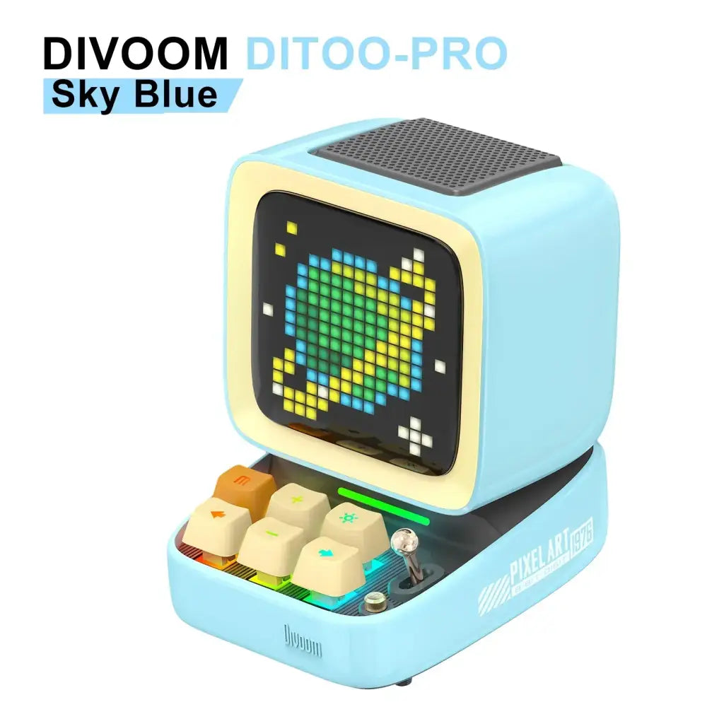Sky blue divoom ditoo pro retro pixel art bluetooth speaker with led display board and vintage-style keyboard for bedroom use