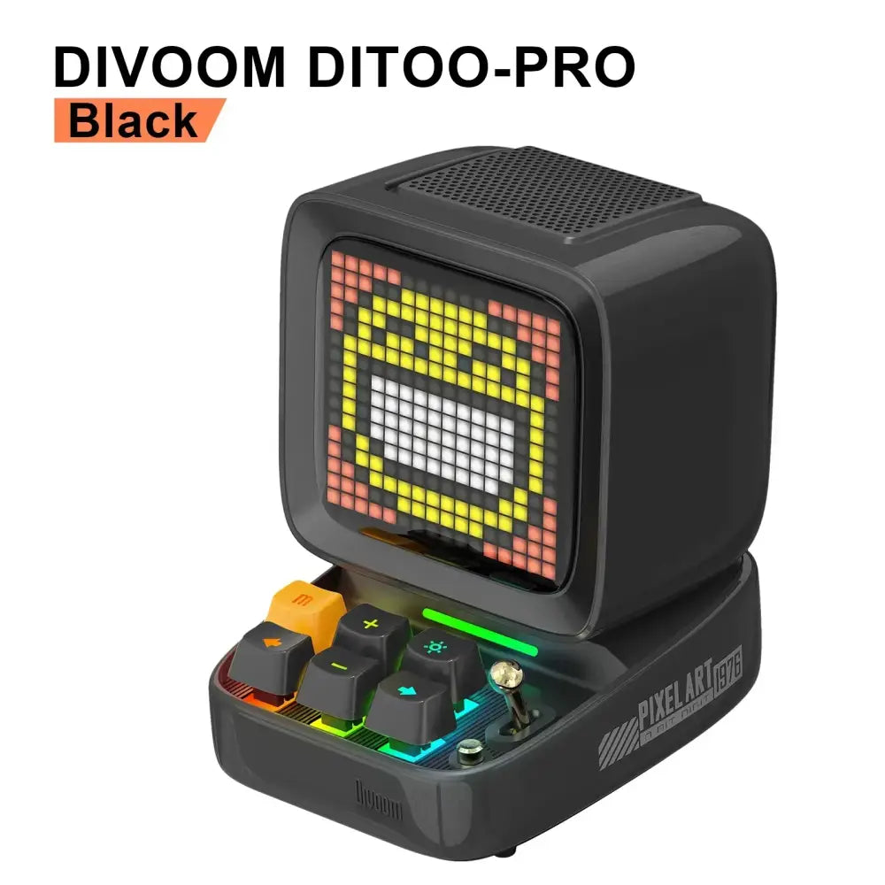 Black divoom ditoo-pro retro pixel mini speaker with colorful led screen and rainbow keys for bedroom use