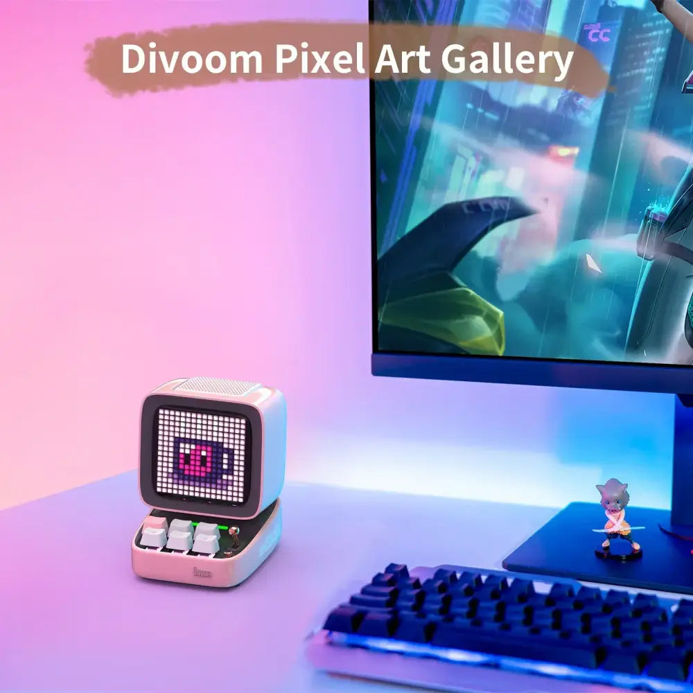 Retro pixel mini speaker in white and pink with a black screen displaying a pink face for bedroom clock use