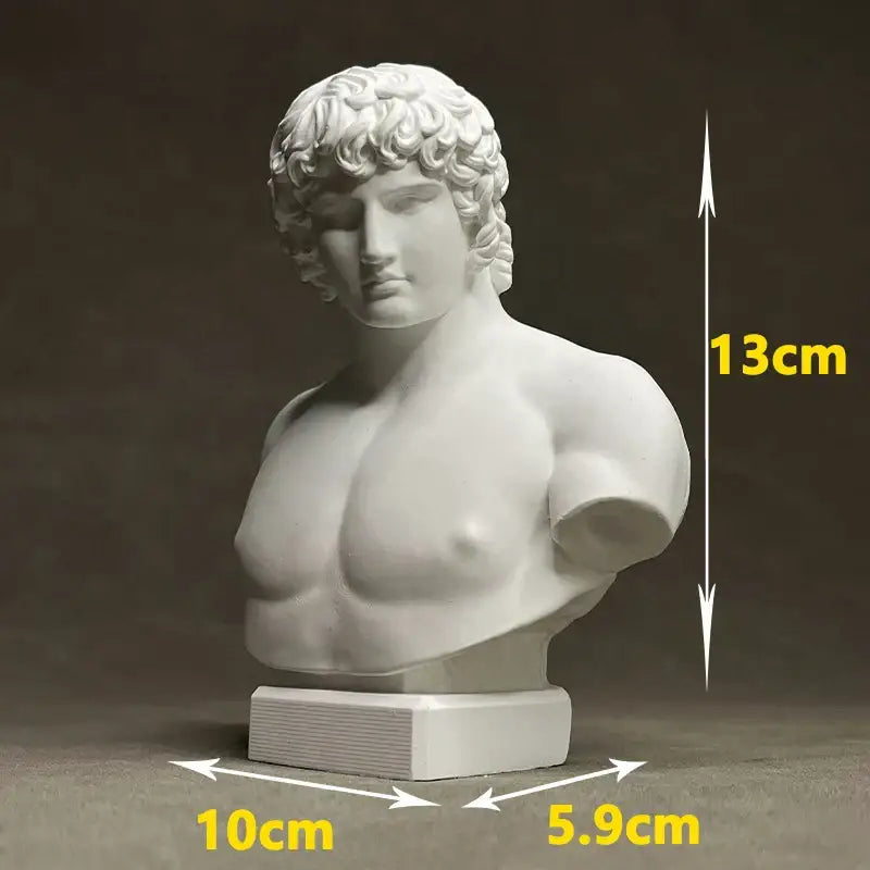 White marble retro plaster sculpture of a muscular male bust with curly hair for decorbites antinous retro decor