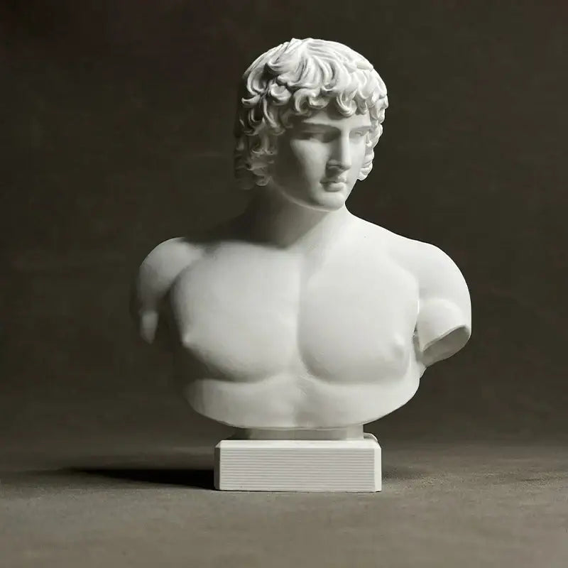 White marble retro plaster sculpture bust of muscular young man with curly hair by decorbites antinous retro for living room decor