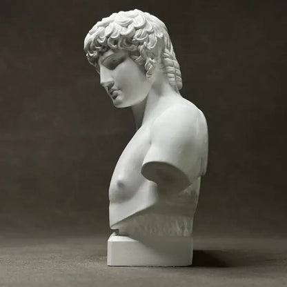 White marble retro plaster sculpture bust of a young man with curly hair for decorbites antinous retro decor
