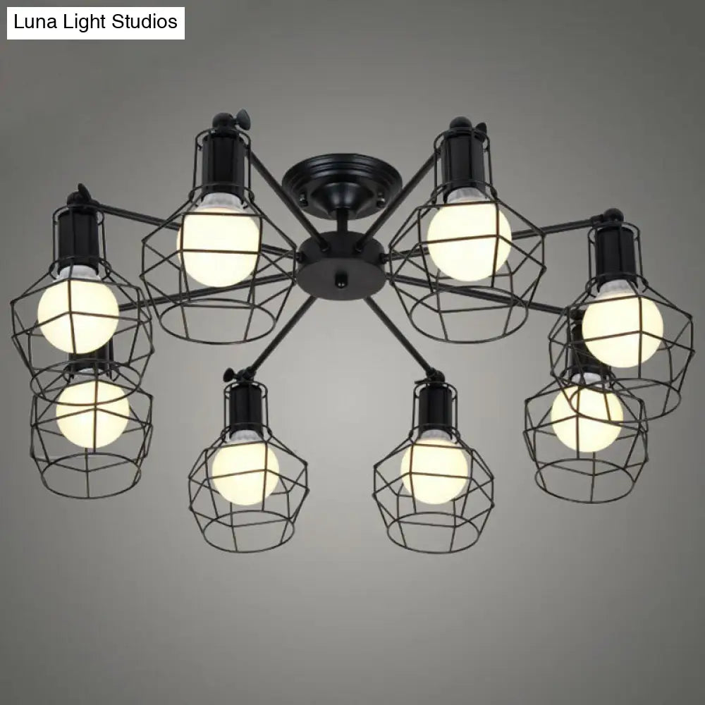 Retro Radial Iron Pendant Light with 8 Bulbs for Barbershop in Black