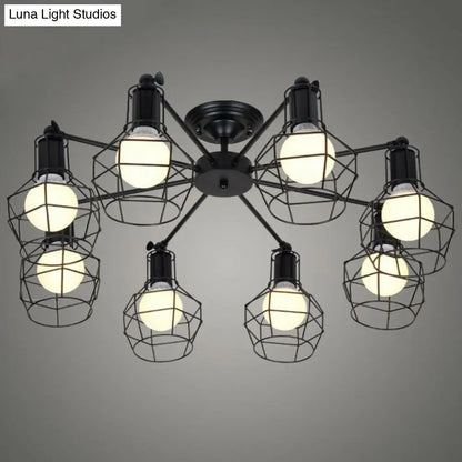 Retro Radial Iron Pendant Light with 8 Bulbs for Barbershop in Black
