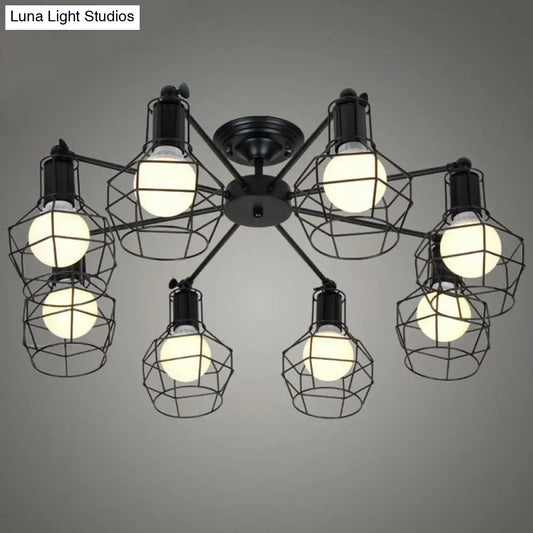 Retro Radial Iron Pendant Light with 8 Bulbs for Barbershop in Black