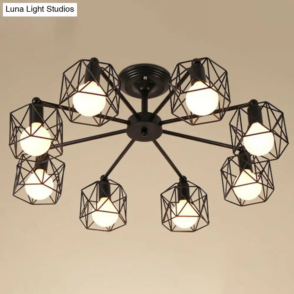 Retro Radial Iron Pendant Light with 8 Bulbs for Barbershop in Black