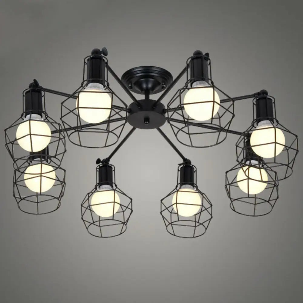 Retro Radial Iron Pendant Light with 8 Bulbs for Barbershop in Black