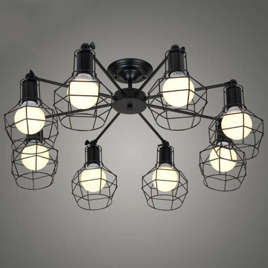 Retro Radial Iron Pendant Light with 8 Bulbs for Barbershop in Black