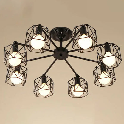 Retro Radial Iron Pendant Light with 8 Bulbs for Barbershop in Black