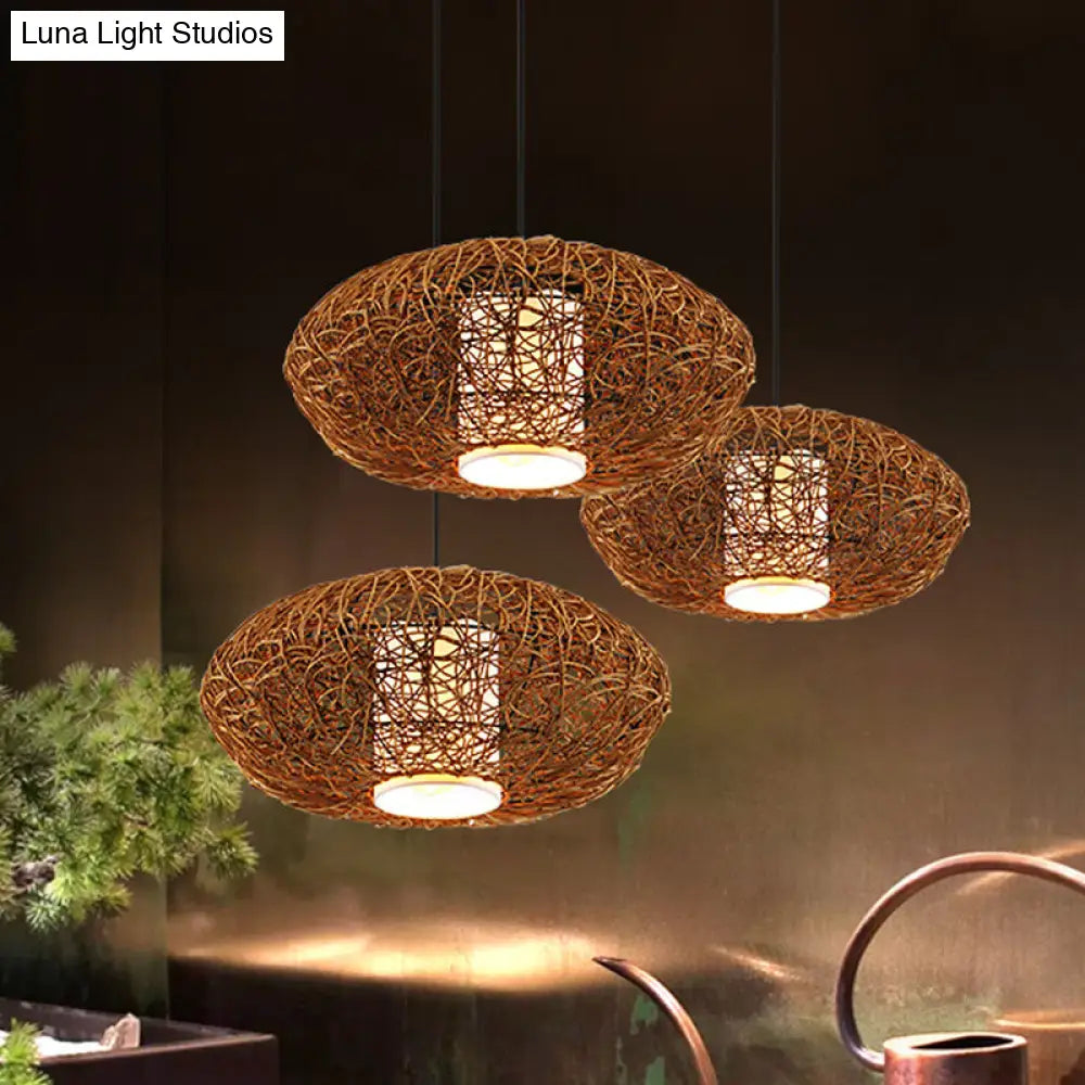 Retro Rattan Woven Pendant Light Kit for Tearoom with Brown Suspension and 1 Bulb