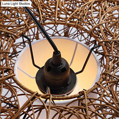 Retro Rattan Woven Pendant Light Kit for Tearoom with Brown Suspension and 1 Bulb