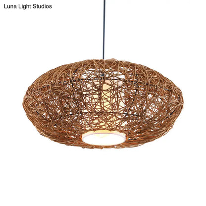 Retro Rattan Woven Pendant Light Kit for Tearoom with Brown Suspension and 1 Bulb