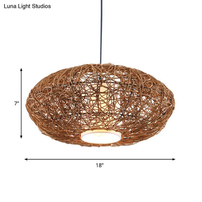 Retro Rattan Woven Pendant Light Kit for Tearoom with Brown Suspension and 1 Bulb