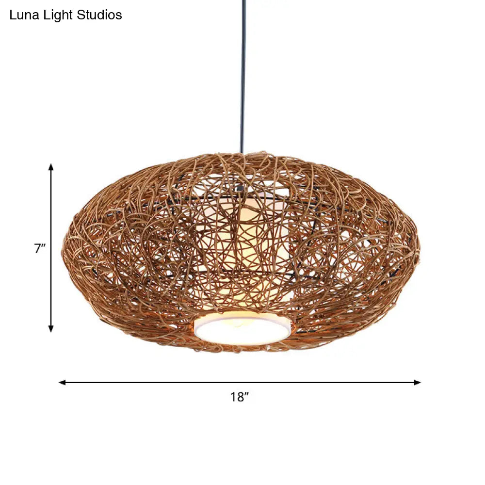 Retro Rattan Woven Pendant Light Kit for Tearoom with Brown Suspension and 1 Bulb