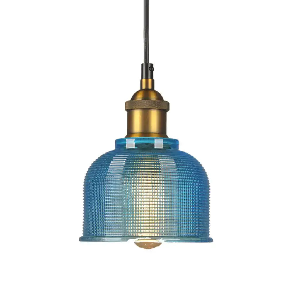 DecorBites Mila retro style blue textured glass carillon pendant light with brass fixture for dining room lighting