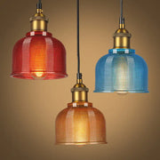 DecorBites Mila retro style carillon pendant light with red amber and blue gridded glass shades and brass fixture