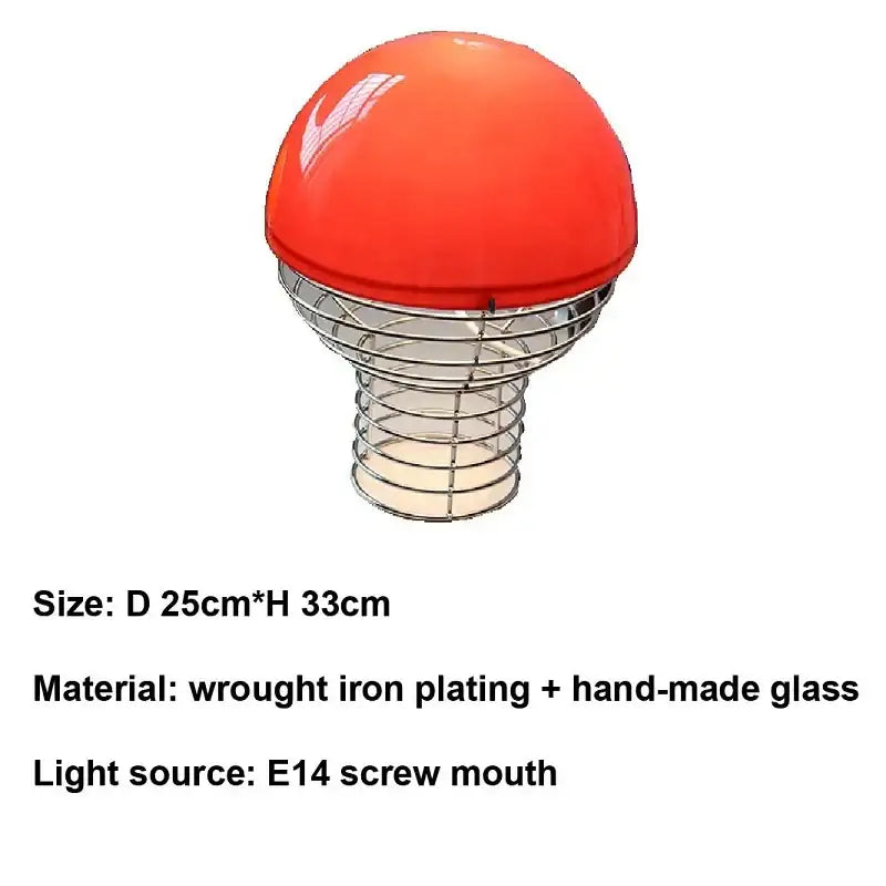 Retro red glass table lamp featuring a vibrant mushroom shape with wrought iron plating and chrome wireframe base