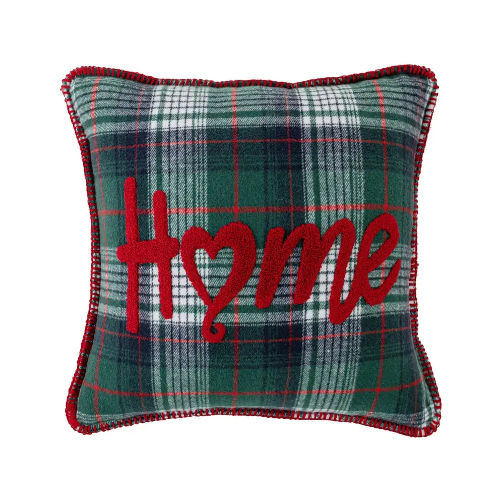 Retro red and green plaid snowflake jingle bell pillow case with home embroidered in bold red script for living room decor