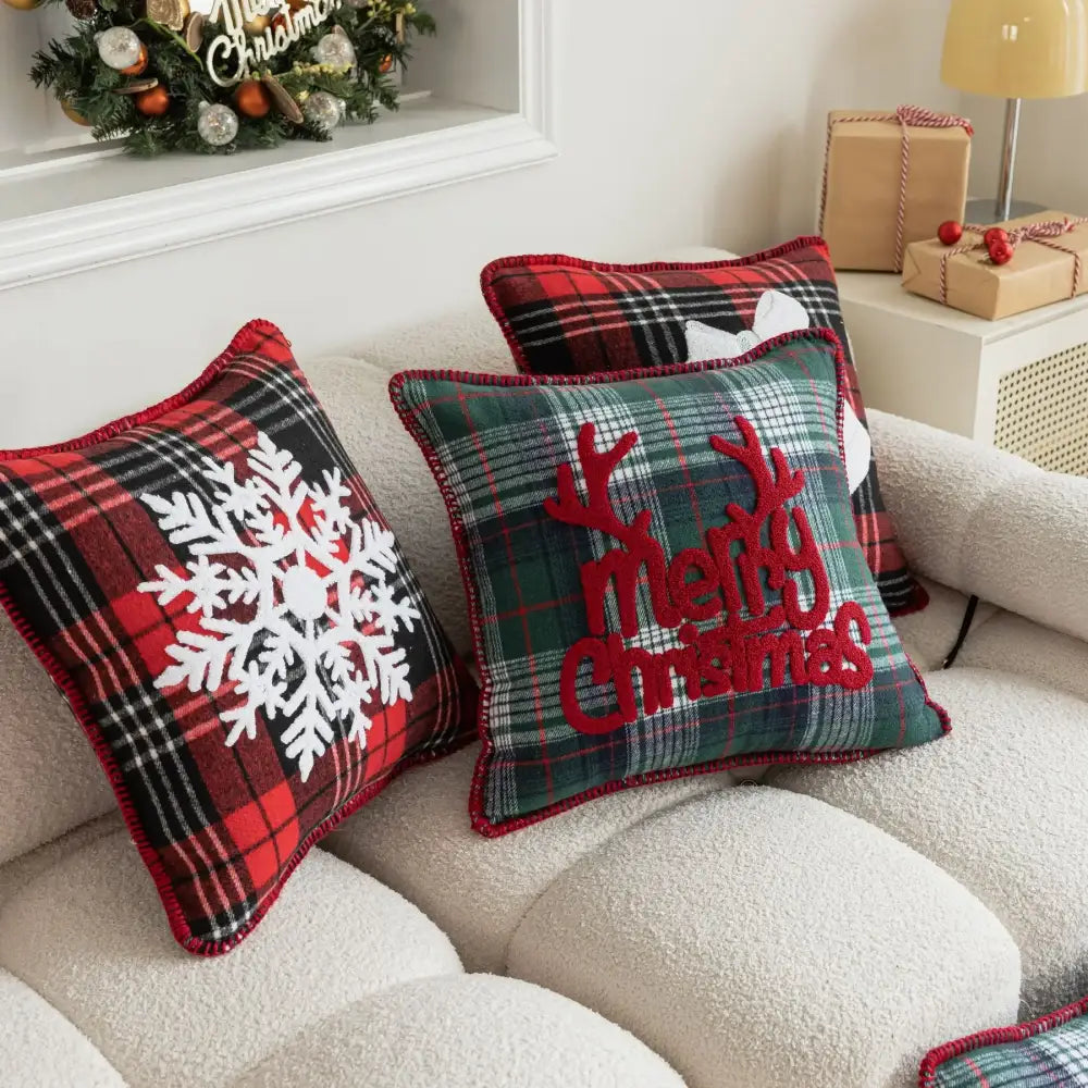 Retro red and green plaid pillow case with embroidered snowflake jingle bell design for living room decor