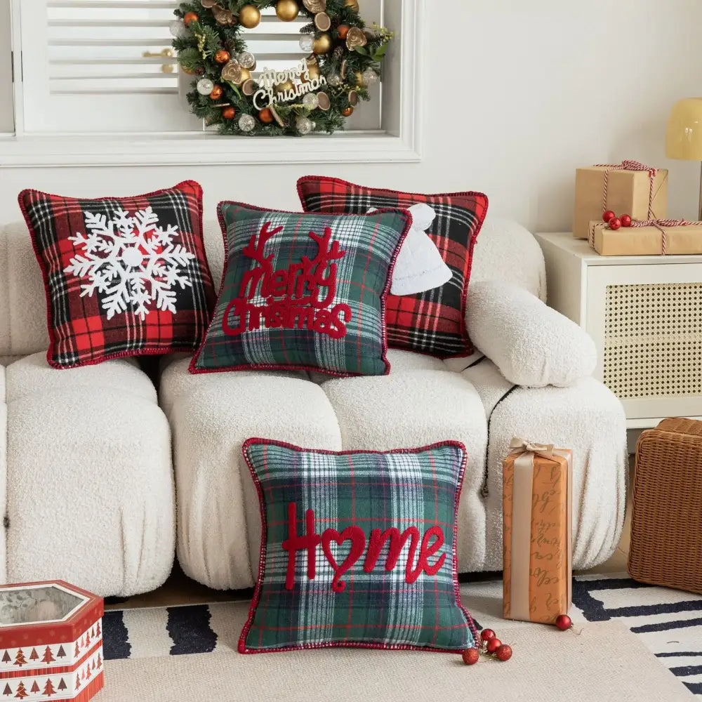 Red and green plaid christmas pillow case with embroidered snowflake jingle bell design for living room decor