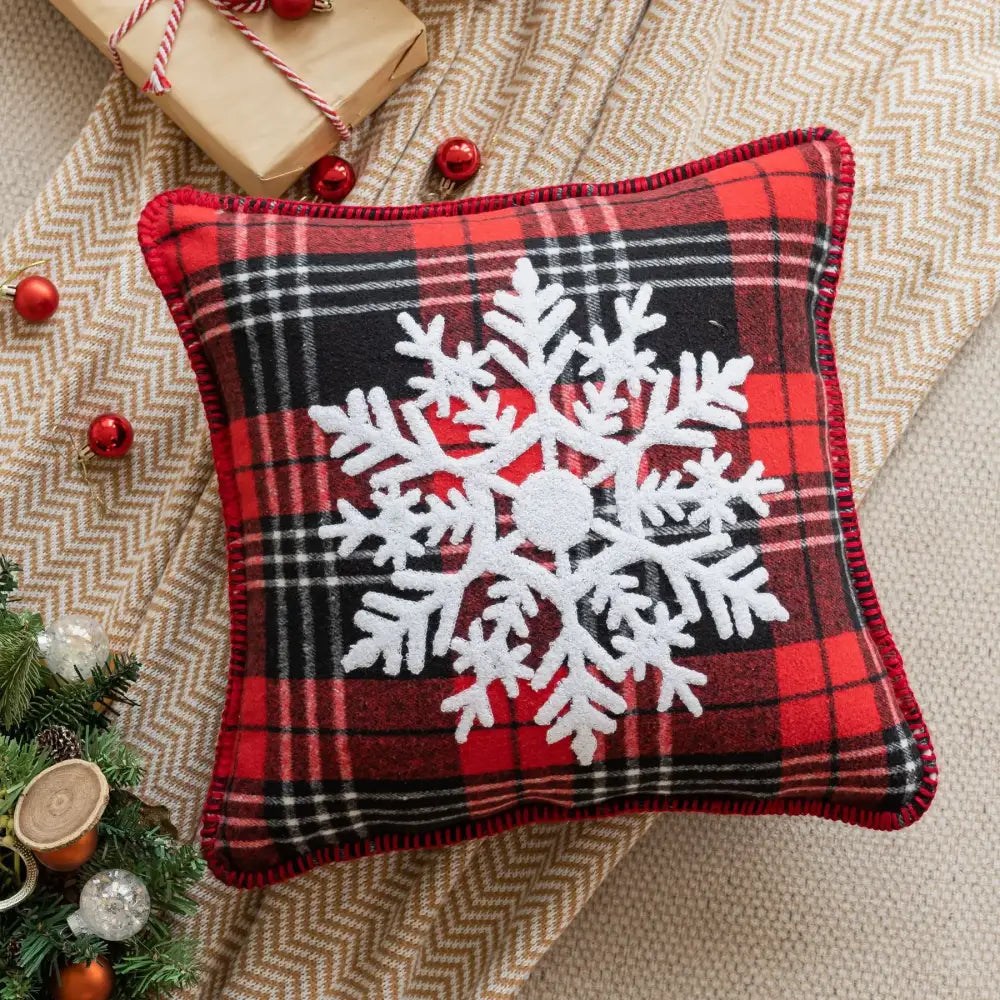 Retro red and green plaid pillow case with a large embroidered snowflake jingle bell for living room decor