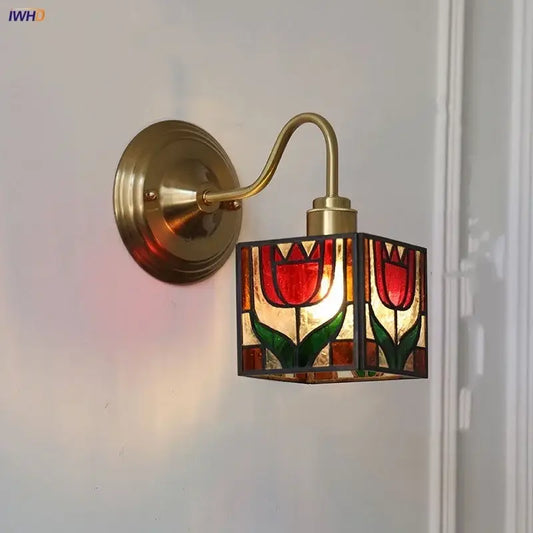Brass-finished retro red tulip stained glass cube led wall sconce with green leaves for bedroom decorbites cube led light