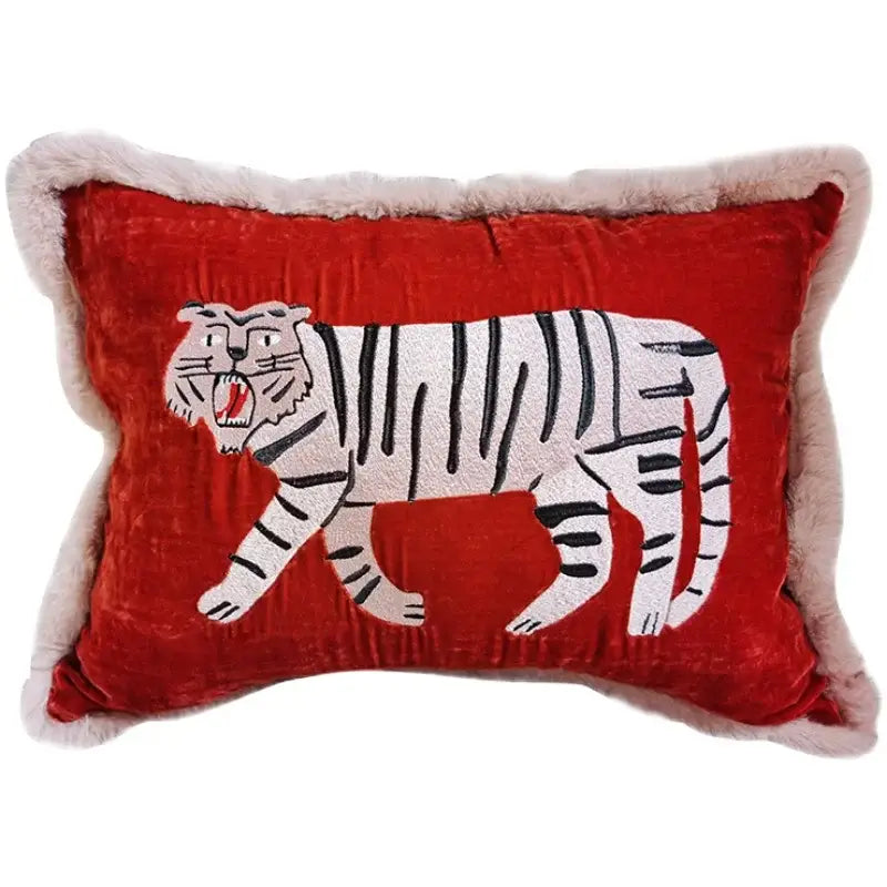 Red velvet cushion cover with tiger embroidery in black stripes and fluffy beige border for decorbites furry tiger decor