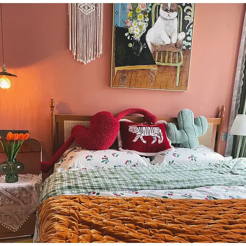 Red velvet heart-shaped cushion cover with white tiger embroidery and fringed edges for living room decor by decorbites furry tiger
