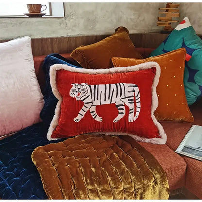 Red velvet tiger embroidery cushion cover with white fluffy trim for living room decor by decorbites furry tiger