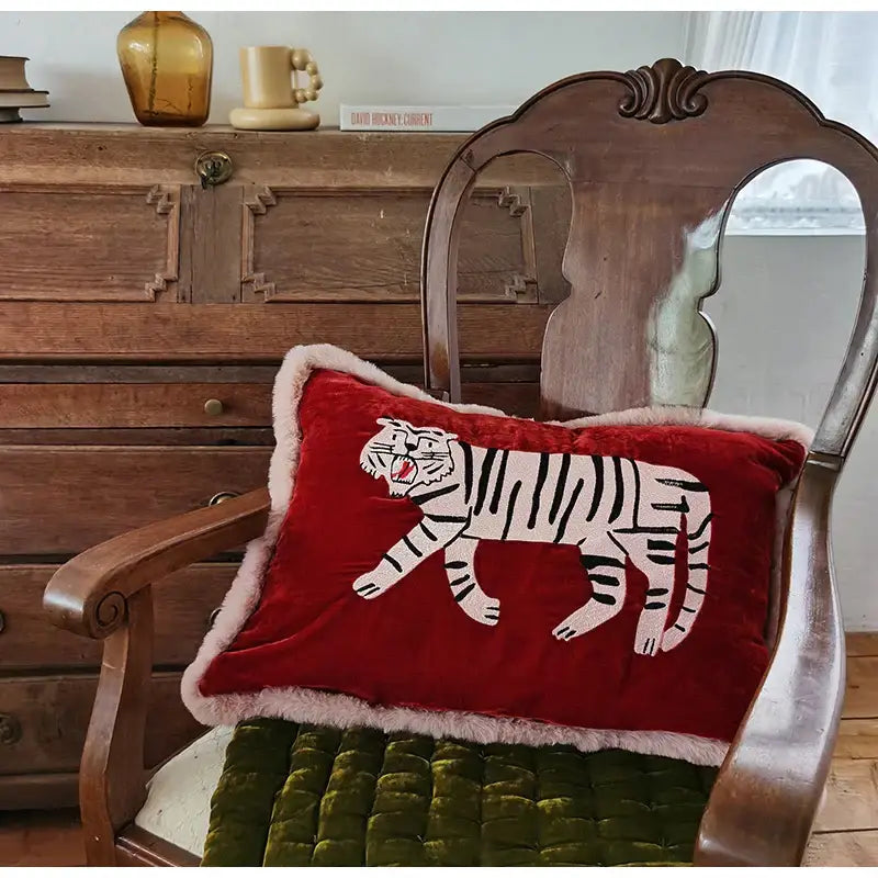 Red velvet cushion cover with white tiger embroidery and pink fluffy trim for living room decorbites furry tiger decor