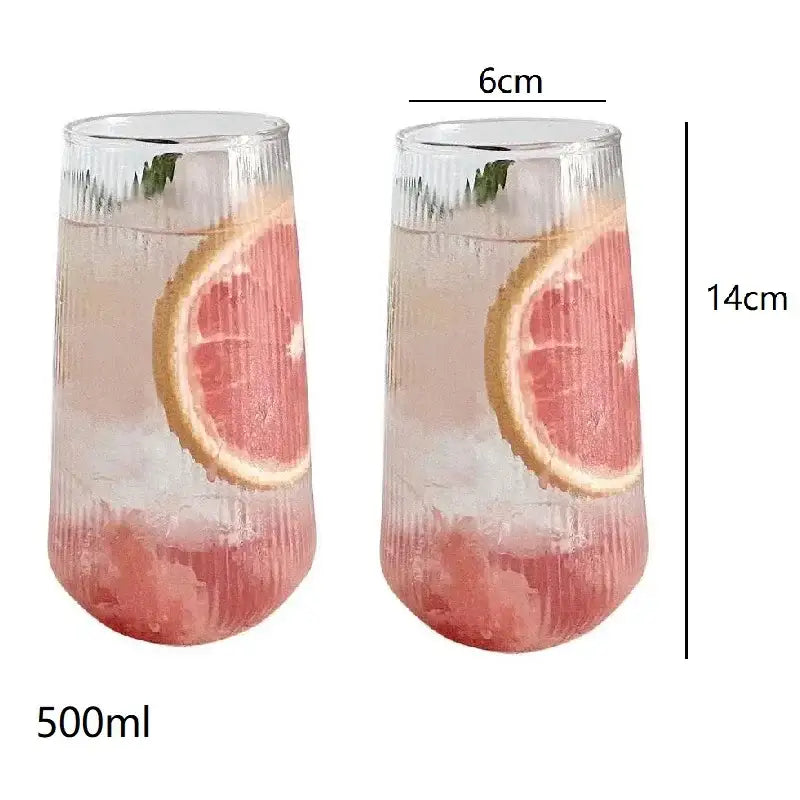 Clear ribbed glass coffee cup set with 500ml capacity and stirrers for kitchen drinkware use