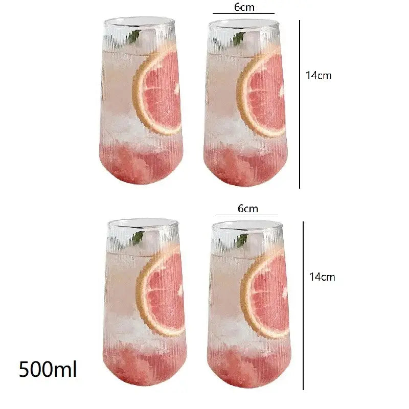 Clear 14cm tall retro ribbed glass coffee cup set with textured finish and pink grapefruit garnish for kitchen drinkware