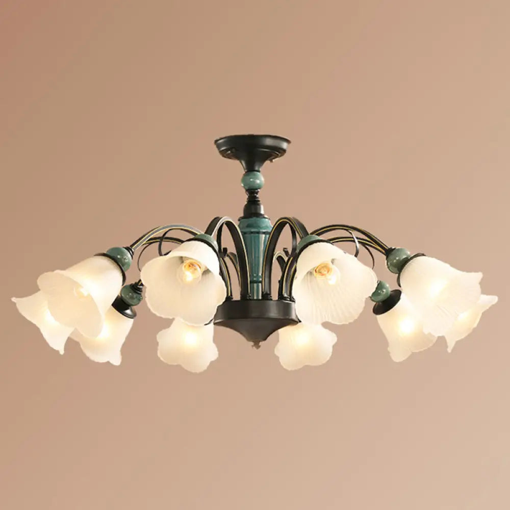 DecorBites™ DecorBites™ Retro Ribbed Glass Semi Flush Chandelier with Green Flower Shade - Stylish Lighting for Living Room