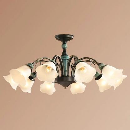 DecorBites™ DecorBites™ Retro Ribbed Glass Semi Flush Chandelier with Green Flower Shade - Stylish Lighting for Living Room