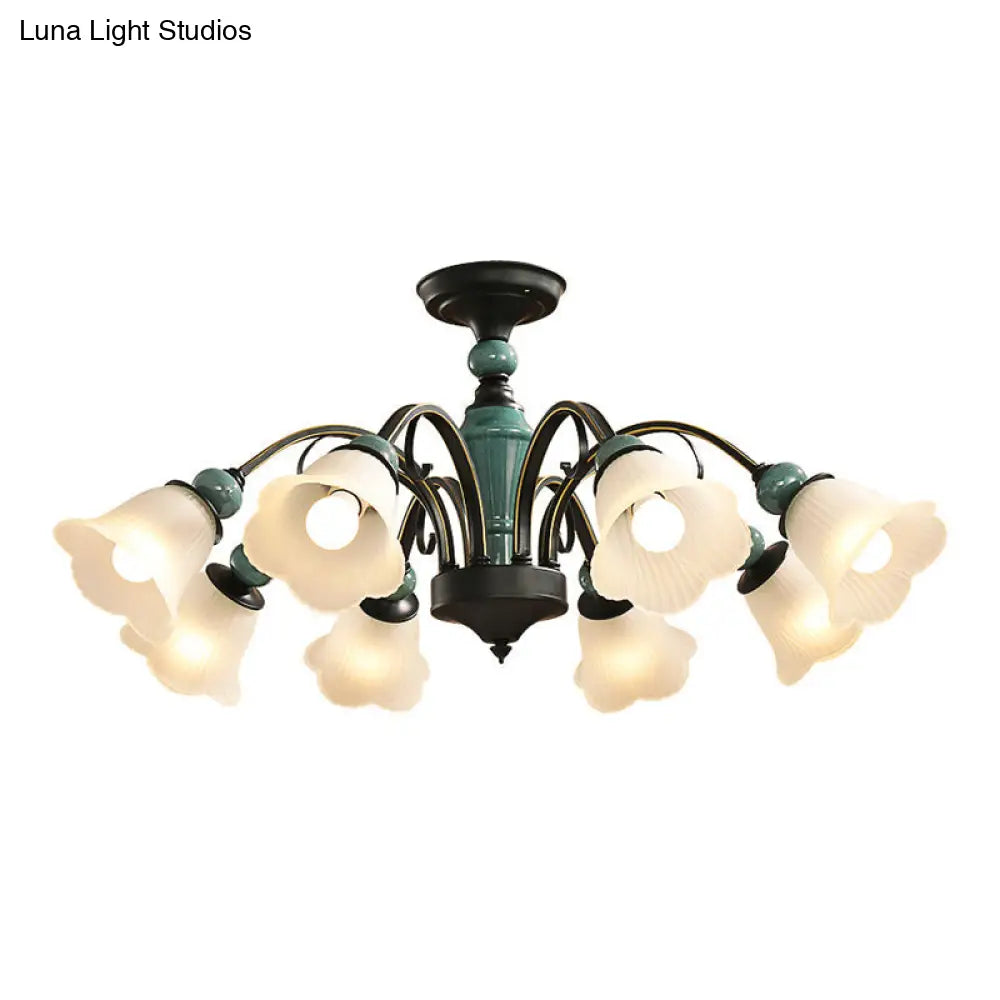 DecorBites™ DecorBites™ Retro Ribbed Glass Semi Flush Chandelier with Green Flower Shade - Stylish Lighting for Living Room