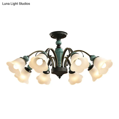 DecorBites™ DecorBites™ Retro Ribbed Glass Semi Flush Chandelier with Green Flower Shade - Stylish Lighting for Living Room