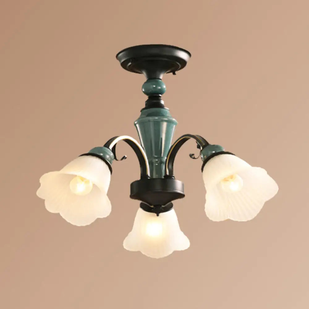 DecorBites™ DecorBites™ Retro Ribbed Glass Semi Flush Chandelier with Green Flower Shade - Stylish Lighting for Living Room