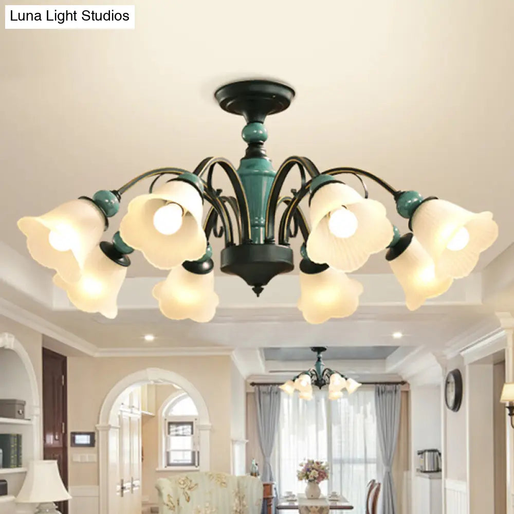 DecorBites™ DecorBites™ Retro Ribbed Glass Semi Flush Chandelier with Green Flower Shade - Stylish Lighting for Living Room