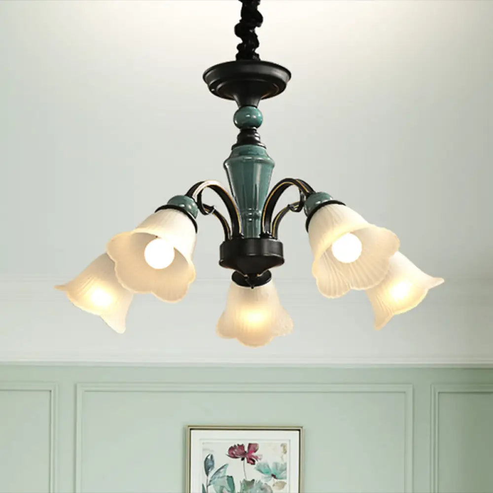 DecorBites™ DecorBites™ Retro Ribbed Glass Semi Flush Chandelier with Green Flower Shade - Stylish Lighting for Living Room