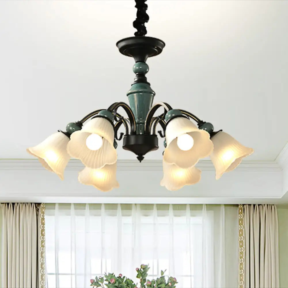 DecorBites™ DecorBites™ Retro Ribbed Glass Semi Flush Chandelier with Green Flower Shade - Stylish Lighting for Living Room