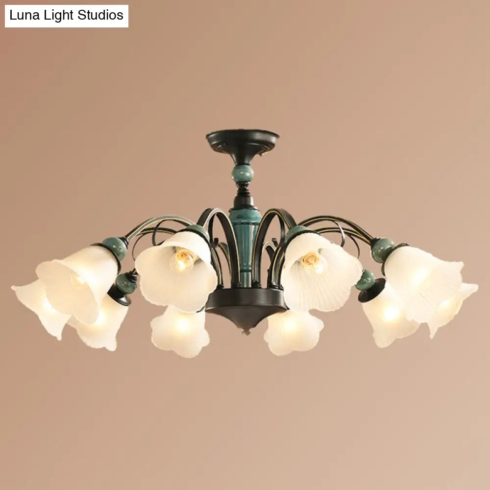 DecorBites™ DecorBites™ Retro Ribbed Glass Semi Flush Chandelier with Green Flower Shade - Stylish Lighting for Living Room