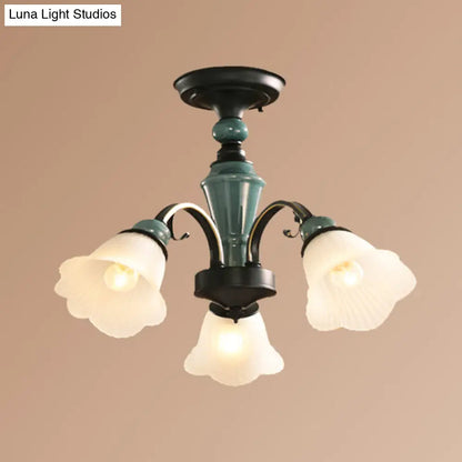 DecorBites™ DecorBites™ Retro Ribbed Glass Semi Flush Chandelier with Green Flower Shade - Stylish Lighting for Living Room