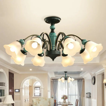 DecorBites™ DecorBites™ Retro Ribbed Glass Semi Flush Chandelier with Green Flower Shade - Stylish Lighting for Living Room