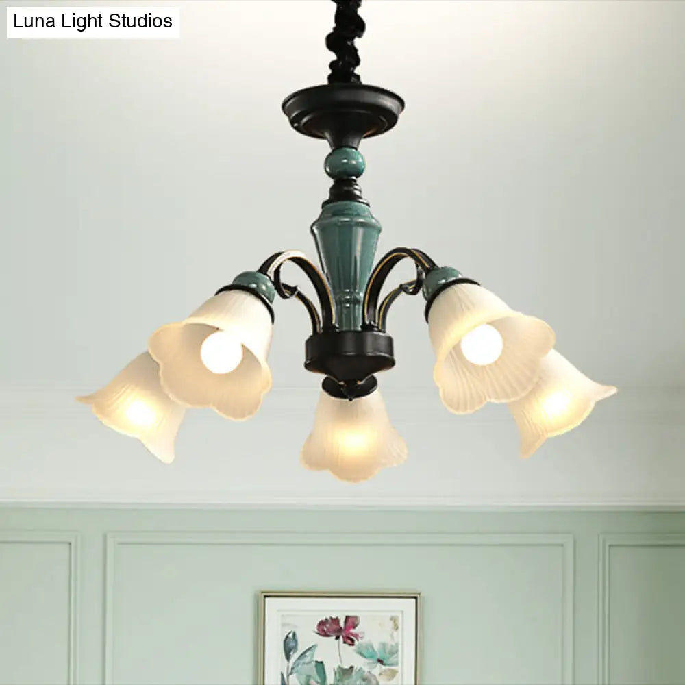 DecorBites™ DecorBites™ Retro Ribbed Glass Semi Flush Chandelier with Green Flower Shade - Stylish Lighting for Living Room