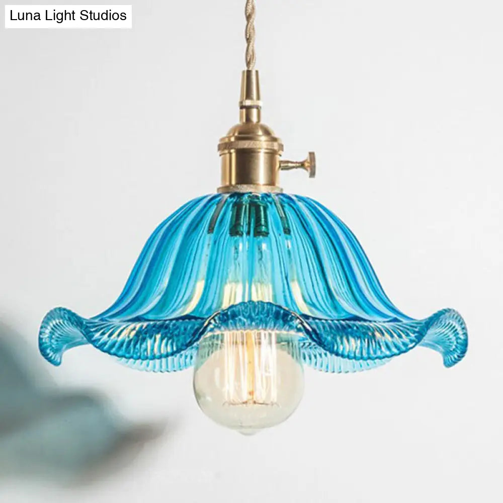 Retro Ruffled Hanging Light: Carved Glass Pendant Lamp with Rotary Switch