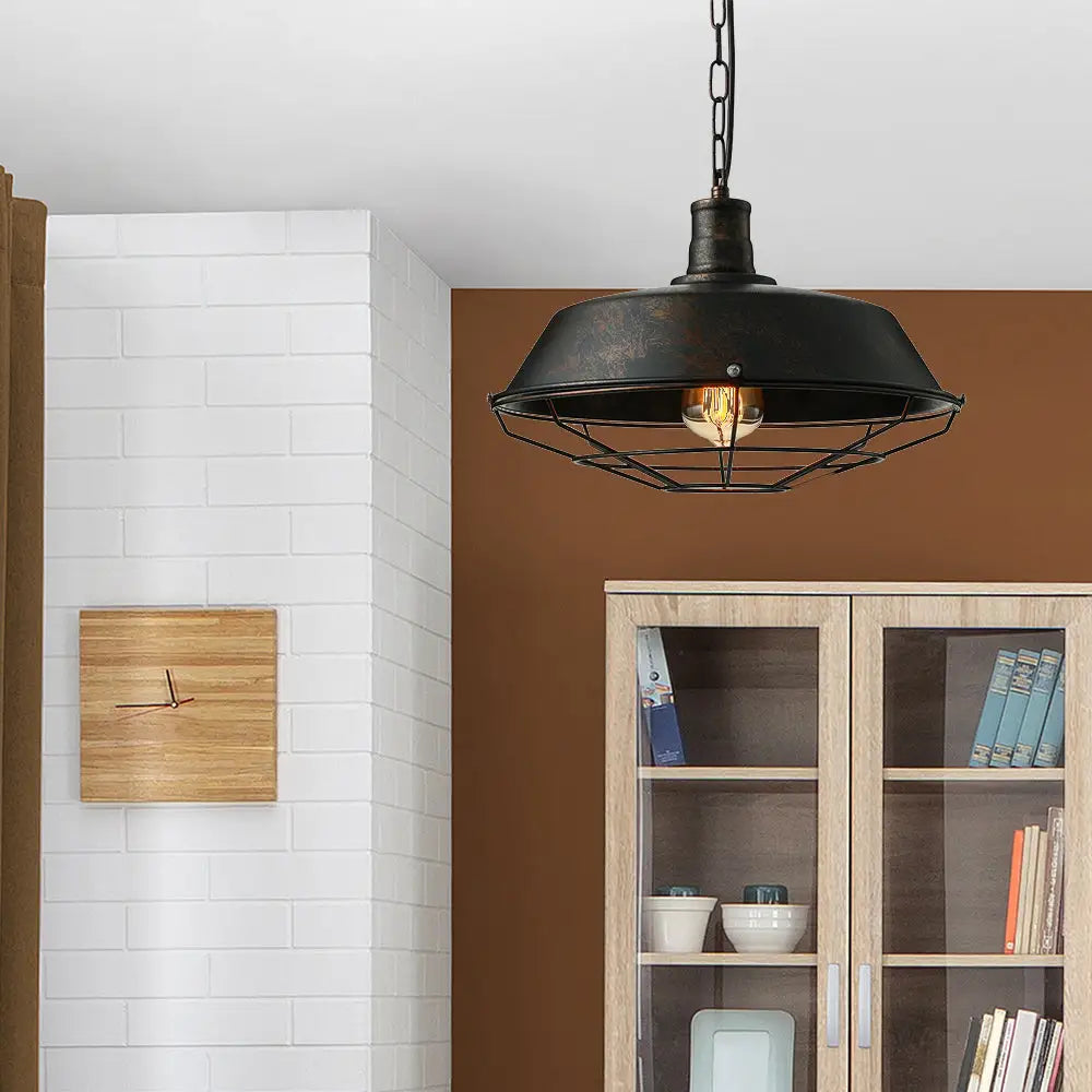 Retro Rust Ceiling Pendant Light with Wire Guard for Living Room