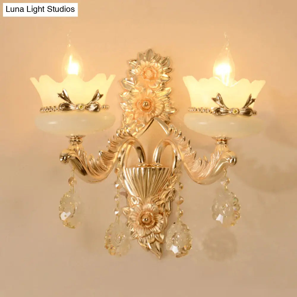 DecorBites™ DecorBites™ Retro Scalloped Frosted Glass Wall Sconce with Brass Carved Arm - 1/2-Light for Living Rooms